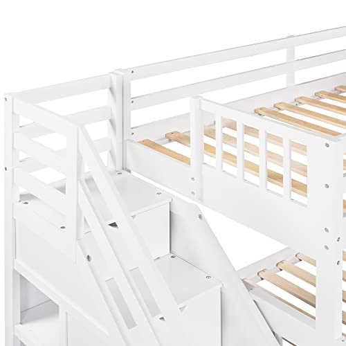 Harper & Bright Designs L Shaped Corner Bunk Bed Twin Over Twin Over Full Triple Bunk Beds with Stairs and 3 Storage Drawers for Kids Teens Adults (White) Harper & Bright Designs
