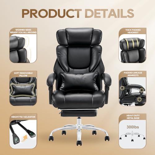COLAMY Office Chair with Retractable Footrest, Ergonomic High Back Design Executive Computer Desk Chair with Removable Lumbar Pillow, 90-135°Reclining, Thick Bonded Leather for Home Office Work, Black COLAMY