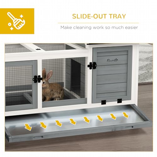 PawHut Indoor Outdoor Wooden Rabbit Hutch with Wheels, Large Bunny Hutch with Run & Slide-Out Tray for Small Animals, Guinea Pig, Gray PawHut