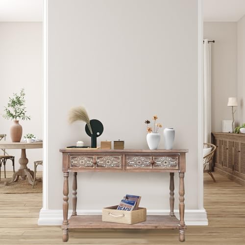 PARISLOFT Vintage Wood End Table with 2 Drawers and 1 Bottom Shelf,Rustic Console Table Storage, Accent Entryway Table Furniture,Antique Brown,42āWx32āH PARISLOFT