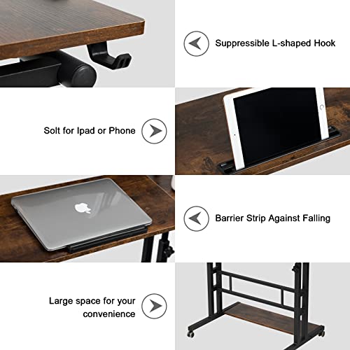 Hadulcet Mobile Standing Desk Adjustable Height, Rolling Desk Stand Up Desk, Mobile Laptop Desk, Rolling Computer Desk with Charging Station, Portable Desk with Wheels, Rustic Brown Hadulcet
