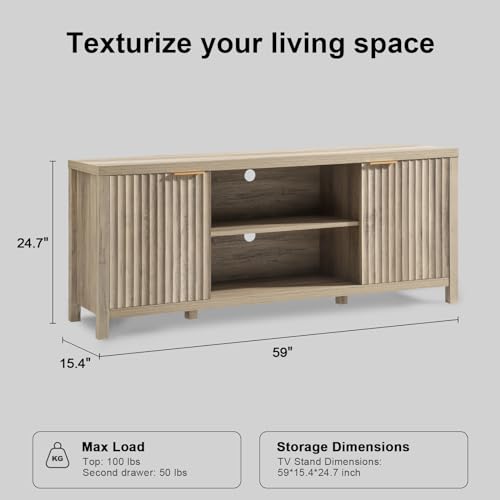 OAKHAM HOME Fluted TV Stands for Living Room, Heavy Duty Entertainment Center with Storage, Mid Century Modern Television Stands for 50/55/60/65 TV, Oxford Media TV Console (Sunwashed Ash Oak) OAKHAM HOME
