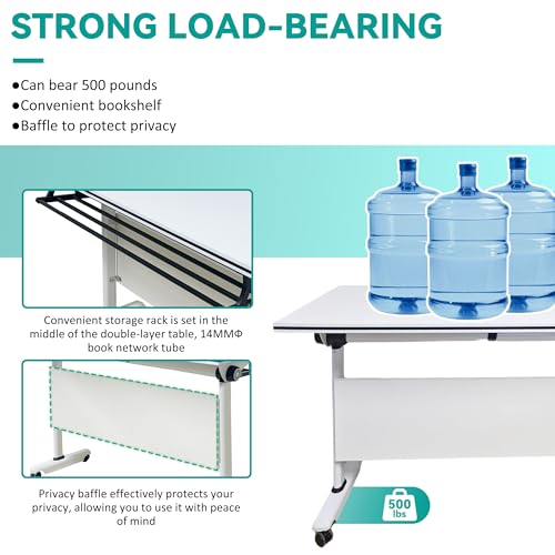 HSHBDDM Folding Conference Table, Foldable Conference Table Flip Top Mobile Training Table with Wheels, Metal Legs, Rectangular Modular Conference Room Table for Office Meeting Conference Room HSHBDDM