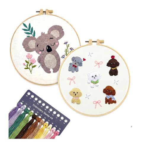 QIZUOLIFE 2Pcs Animal Embroidery Starter Kit for Adults, Koala & Puppies Pre‑Printed Embroidery Hoops Set, DIY Needlework Supplies with Step‑by‑Step Video Tutorials, Craft Gift for Beginners