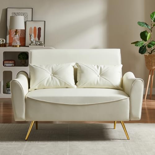 Chfeloai 48" Faux Leather Loveseat, Mid Century Modern Futon Sofa with 2 Pillows, Small Couch for Small Space, Living Room, Bedroom, Apartment, Home Office (Off-White) Chfeloai