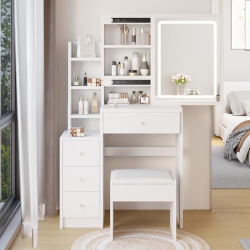 29" Makeup Vanity Desk with Slidding Led Lighted Mirror, Large Storage Modern Dressing Table for Small Space with Multi Hidden Shelves and Cabinet Drawers, Touch Control 3-Color Lighting, Stool Chair Breevia
