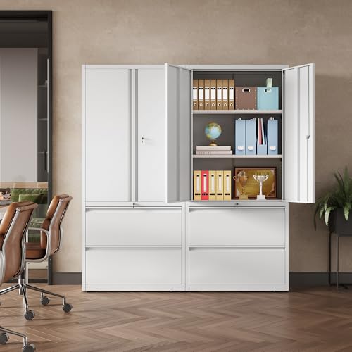 DEVAISE 71" Metal Storage Cabinet, 2-Drawer Lateral File Cabinet, Adjustable Shelves & Doors, White Garage Storage Cabinet, Heavy Duty Tall Cabinet for Home Office, Garage Organization DEVAISE