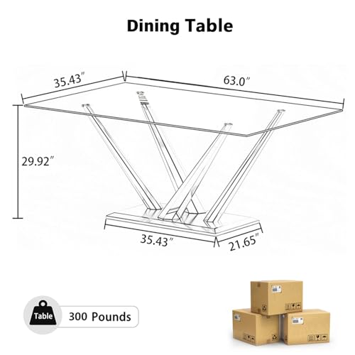 HAIZAO 63'' Rectangular Glass Dining Table for 4-6, Luxury Kitchen Table with Tempered Glass and Aesthetic Silver Stainless Steel Base, Modern Dinner Table for Home, Apartment HAIZAO