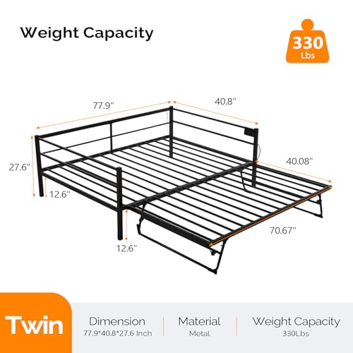 VINGLI Metal Twin Daybed with Pop Up Trundle Bed, Day Bed Frame with Charging Station and LED Lights for Living Room Guest Room or Bedroom, Black Daybed with Steel Slats for Adults, Teens and Kids VINGLI