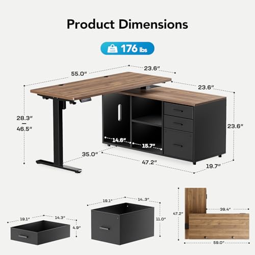 HUANUO L Shaped Standing Desk, Electric Executive Desk with Drawers, Adjustable Height Stand Up Desk, 55″ x 23.6″ One-Whole Piece Desktop, Home Office Computer Desk with 4 Memory Presets, Walnut HUANUO