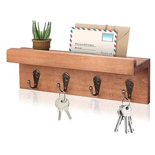 HRONRAD Rustic Key Holder for Wall, Farmhouse Wall Shelf with 4 Hooks, Wall Mounted Key Racks, Wooden Mail Organizer with Hooks for Entryway (Brown - Oak) HRONRAD