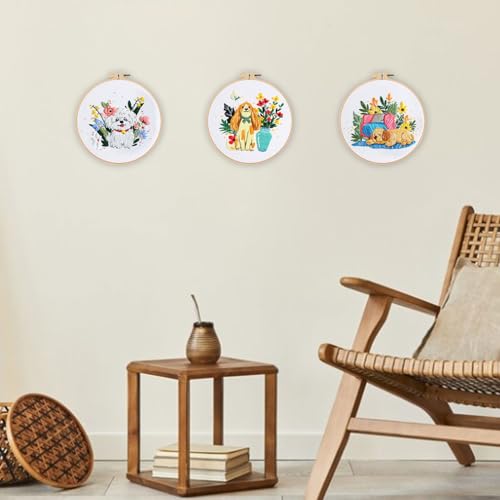 WEENEO 3 Pcs Cute Dog Embroidery Kit for Beginner, Funny Embroidery Kits for Adults, Animal with Floral Embroidery Kit with Pattern,Hoop,Colorful Threads and Needles,Cross Stitch Kits,DIY Crafts Kits