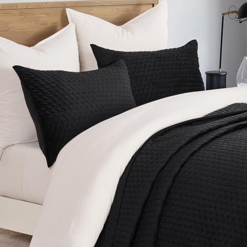 EverGrace Luxury Velvet Quilt Bedding Set King Size 3 Pieces with Pillow Shams, Soft Cross-Stitch Velvet Comforter Set, Lightweight Coverlet Bedspread for All Seasons, Black EverGrace