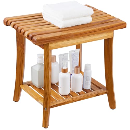 VEVOR Teak Shower Bench, 20in Waterproof Wood Shower Stool with Storage Shelf Non-Slip Foot Pads, 400 lbs Load Capacity Shower Chair Seat, for Bathroom Indoor and Outdoor Use VEVOR
