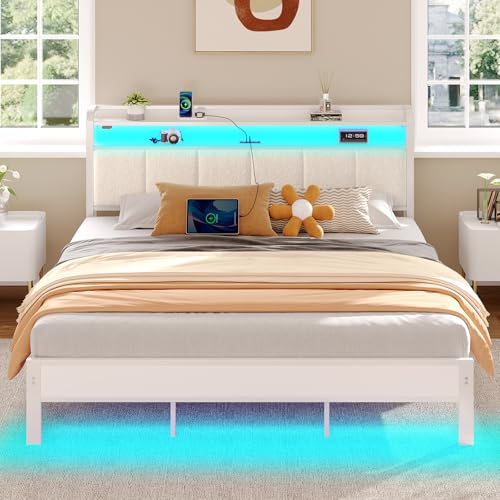 Rolanstar Bed Frame King Size with Charging Station and LED Lights, Upholstered Headboard with Storage Shelves, Heavy Duty Metal Slats, No Box Spring Need, Noise Free, Easy Assembly, White Rolanstar