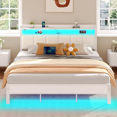 Rolanstar Bed Frame King Size with Charging Station and LED Lights, Upholstered Headboard with Storage Shelves, Heavy Duty Metal Slats, No Box Spring Need, Noise Free, Easy Assembly, White