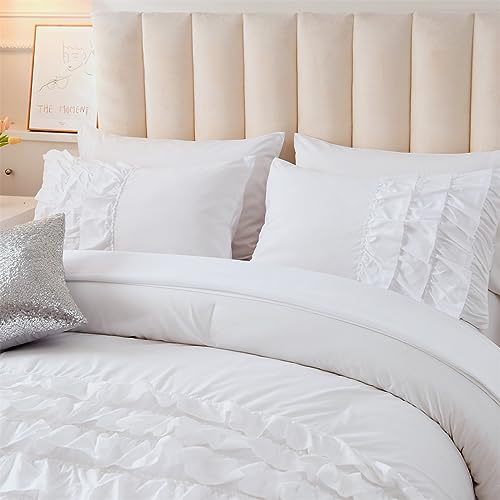 Holawakaka White Waterfall Ruffle Comforter Set Full Size Multi-Layers Ruffled Shabby Chic 3PCS Bedding Set for Girls Women Holawakaka