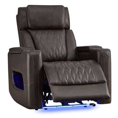 Watson & Whitely Genuine Leather Power Recliner Chair with Power Headrest, Lay Flat Home Theater Recliner with LED Lighting, Massage & Heat, Arm Storage & Cup Holders for Living Room, Brown