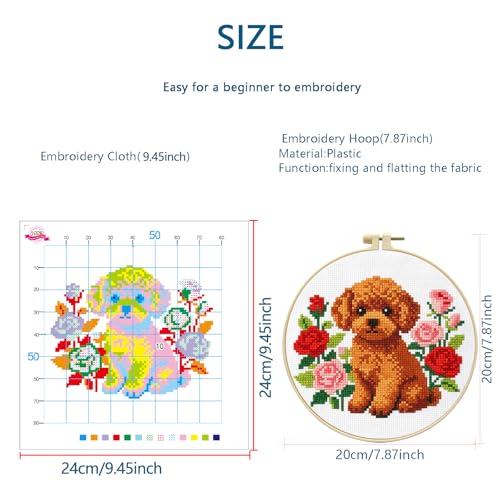 Zhenqing Brown Teddy Bear with Roses Cross Stitch Kit, 11CT Printed 24x24cm for Beginners, Floral Dog Embroidery Set with 20cm Hoop (70783)