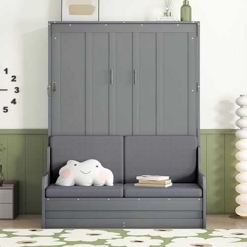 Merax Queen Size Murphy Bed Frame, Modern Wall Bed Can Be Folded into Cabinet, Chair with Cushion, Gray Merax