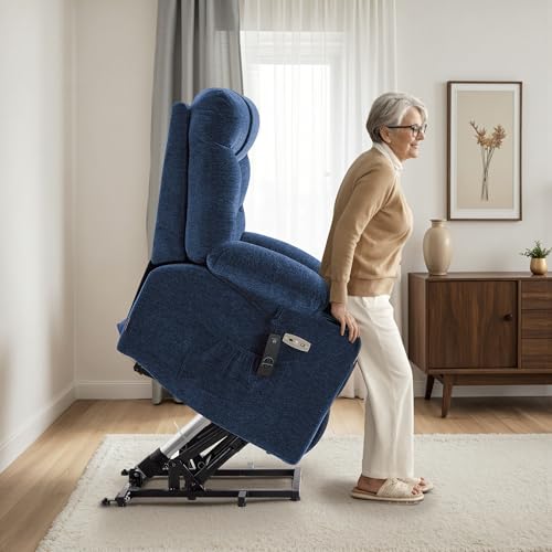 MCombo Power Lift Recliner Chair for Elderly, Electric Lift Chair with Extended Footrest, USB Ports, Cup Holders, Fabric 7281 (Navy Blue, Small)