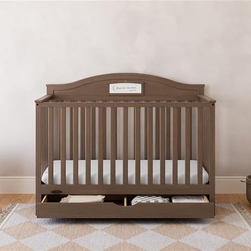 Graco Story 5-in-1 Convertible Crib with Drawer – GREENGUARD Gold Certified Wood Crib, Converts to Toddler Bed, Daybed, Full-Size Bed, Nursery Storage Drawer, Reversible Headboard (Hazelnut)