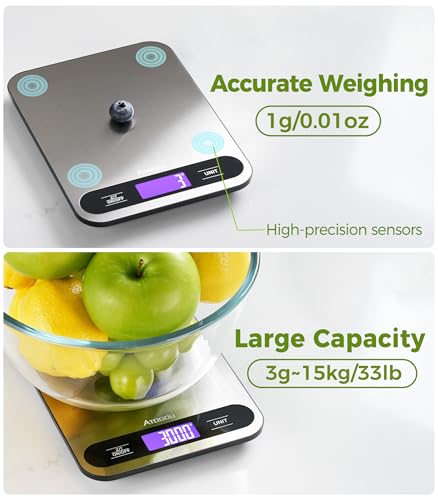 Atogou Food Scale, 33lb/ 15kg Digital Kitchen Scale with Full View LCD Display, Durable Stainless Steel Surface, for Cooking, Baking, Meal Prep Black