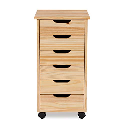 Linon Callie Multipurpose Six Drawer Natural Wood Rolling Storage Cart with Casters in Brown Linon