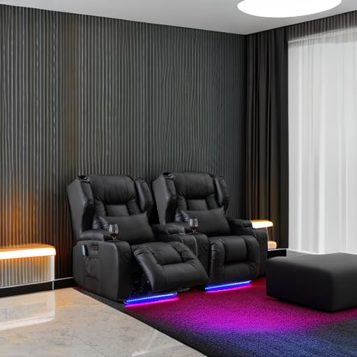 Oprisen Power Recliner Chair Set of 2 Overstuffed Home Theater Seating w/Heat Massage Electric Movie Gaming Sofa Reclining Sleeper Chair with LED Light/Lumbar Pillow/USB Port/Cup Holders Oprisen