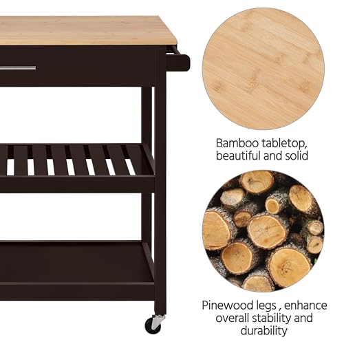 Yaheetech Kitchen Island on Wheels with Bamboo Tabletop, 3-Tier Rolling Kitchen Cart Microwave Oven Cart Serving Trolley with Drawer and Wine Storage Shelf, 20" D x 40" W, Espresso Yaheetech