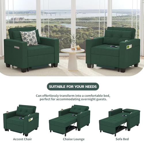 DURASPACE Futon Sofa Bed, 3 in 1 Convertible Sofa Chair Bed, Adjustable Backrest Chair, Chaise Lounge with USB Ports, Cup Holder, Side Pocket, Storage Box (Green) DURASPACE