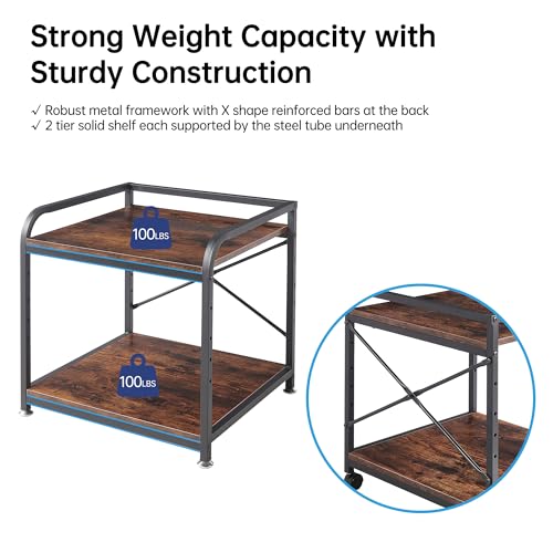 Fannova Under Desk Printer Stand, 20 Inches Deep Large Printer Table with Height Adjustable Storage Shelf, 2 Tier Rolling Printer Cart with Wheels for Home Office - Rustic Brown Fannova