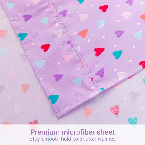Viviland 4 Pieces Girls Purple Full Sheet Set - Soft Microfiber Fitted Flat Sheets & Pillowcases - Colorful Hearts Printed Bedding Sets - for Kids & Toddlers Viviland