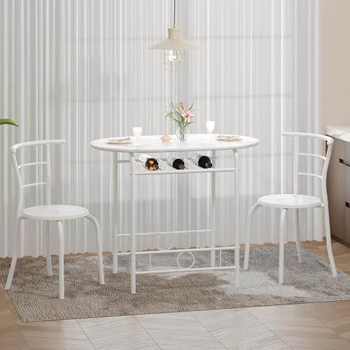 VECELO 3-Piece Dining Table Set for Kitchen Breakfast Nook, Faux Marbled Oval Tabletop and Metal Frame with Built-in Wine Rack, for Small Spaces, White VECELO