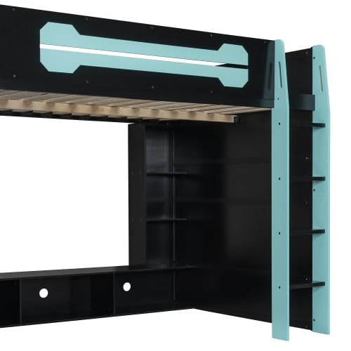 Gaming Loft Bed with Desk and RGB Light, Full Size Wood Loft Bed Frame with Storage Shelves (Blue) Harper & Bright Designs