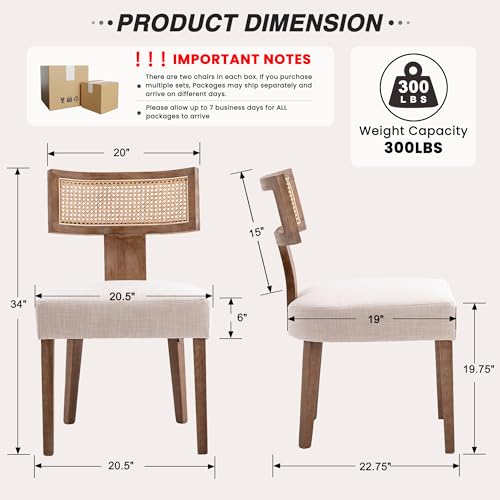 HNY Mid Century Modern Rattan Dining Chairs Set of 6, Farmhouse Linen Upholstered Accent Chair Curved Backrest Kitchen Chairs, with Hardwood Frame, Beige HNY