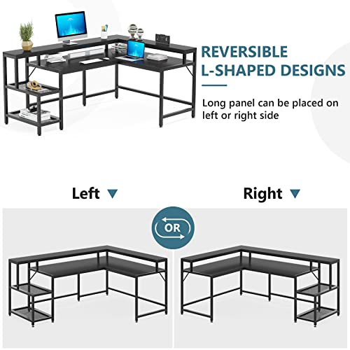Tribesigns 69 Inch L Shaped Desk with Monitor Stand, Large Reversible Corner Desk with Storage Shelf, Industrial Computer Table Writing Desk for Home Office, Black Tribesigns