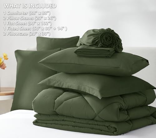 CozyLux Queen Comforter Set Olive Green - Bed in a Bag Queen Size 7 Pieces, Luxury Soft Bed Set for All Seasons, Bedding Set with Down Alternative Comforter, Sheets, Pillowcases & Shams CozyLux