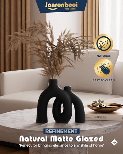 Matte Black Vase Set - Hug Hollow Donut Aesthetic Ceramic Vases Home Decor, Modern Nordic Minimalist Decorative Vase for Table Centerpiece Bookshelf Office Entryway Console Fireplace (Black) Jonronboci