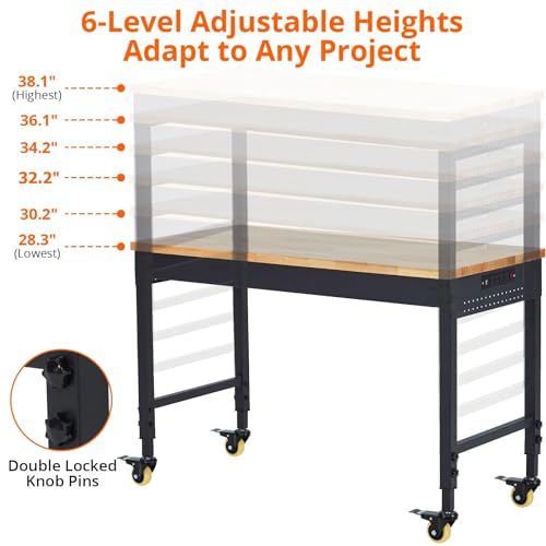 48" Adjustable Workbench with Wheels, 2000 LB Capacity, Power Outlets, Solid Hardwood Top, Heavy Duty Garage Work Table for Workshop, Home Office, DIY IDEALHOUSE