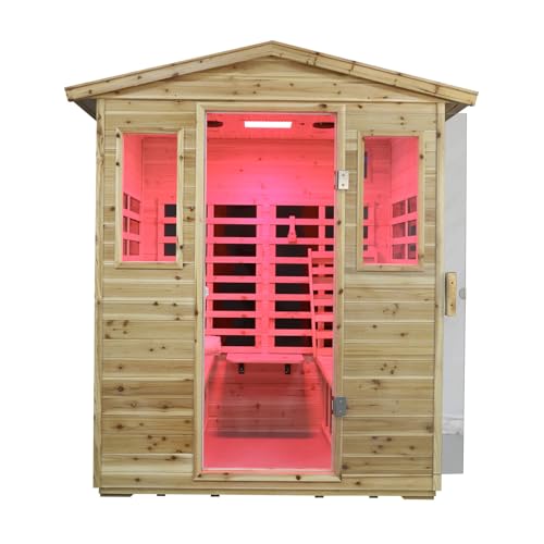 Kanlanth Outdoor Infrared Sauna with Red Light Therapy, 4 Person 2050watt Canadian Hemlock Wood Personal Sauna Room for Indoor Home, with Blue-Tooth, 4 Chromo Therapy Lighting, Control, Cup Holder Kanlanth