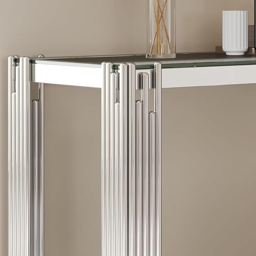 SSLine Modern Luxury Console Table Rectangular Glass Accent Entryway Table for Hallway Living Room, 2-Tier Storage, Silver Stainless Steel Frame Design SSLine