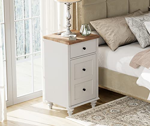 WAMPAT Set of 2 End Table with Charging Station, Wood Nightstands with Drawer and Storage Cabinet, Modern Side Tables Living Room Set of 2, Farmhouse Night Stands Bedside Table for Bedroom, White WAMPAT