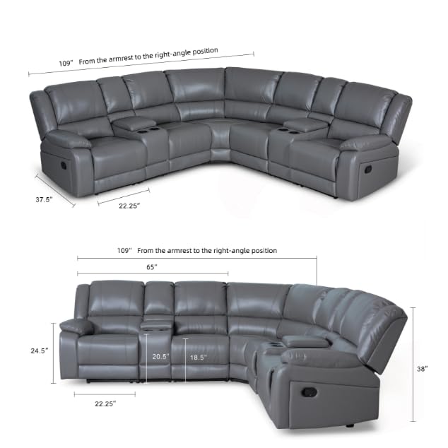 UR livingroom Modular Sectional Sofa PU Leather Manual Recliner Sofa Symmetrical Sectional Couches for Living Room Livingroom Furniture Sets, Grey UR livingroom
