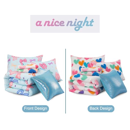 A Nice Night Full Size Bed in A Bag Bow Comforter Set for Kids,Quilt Bedding Set with Bowknot & Chic Polka Dot Pattern,Blue Background Room Decor for Girls A Nice Night