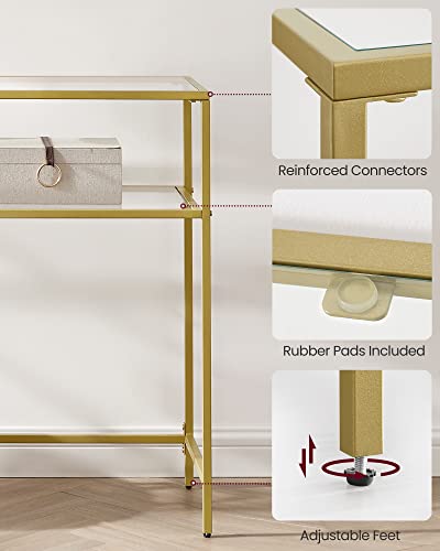 VASAGLE 39.4 Inch Console Sofa Table, Modern Entryway Table, Tempered Glass Table, Metal Frame, 2 Shelves, Adjustable Feet, for Living Room, Hallway, Gold Color ULGT025A01 VASAGLE