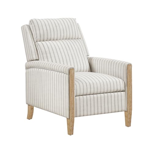 Lexicon Pushback Recliner Chair, Striped Textured Fabric Accent Armchair, Push Back Recliner, Nailhead Trim, Solid Wood Legs, Easy Assembly for Living Room/Office/Apartment, White/Grey Lexicon