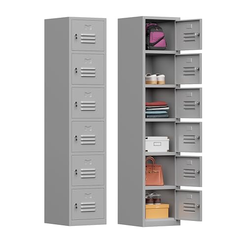 Kooyon 71" Metal Storage Cabinet with 6 Doors,Metal Lockers for Employees,Lockable Locker Cabinets for School, Gym, Home, Office Staff, Garage-Assembly Required(Gray) Kooyon