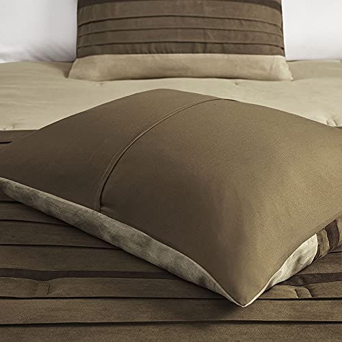 Madison Park Palmer Comforter Set - Faux Suede Design, Striped Accent, All Season Down Alternative Bedding, Matching Shams, Decorative Pillow, Bed Skirt, King (104 in x 92 in), Natural 7 Piece Madison Park