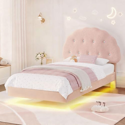 Decofy Cookie Twin Upholstered Bed Frame with LED Lights, Floating Bed Frames with Adjustable Headboard and Raised Footboard for Princess/Prince Bedroom, Teddy Velvet(Pink)